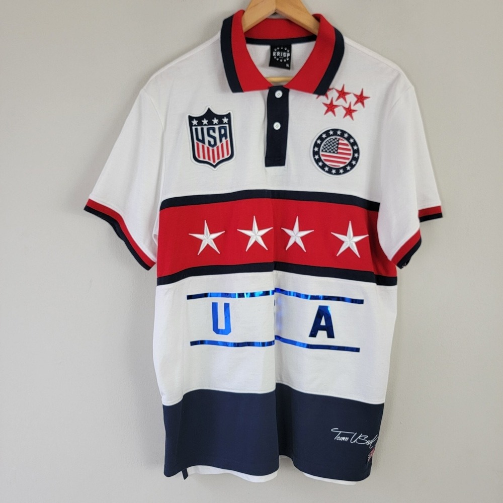 Krisp NYC Polo Shirt Men XL White Red Embroidered Collared Pullover Short Sleeve